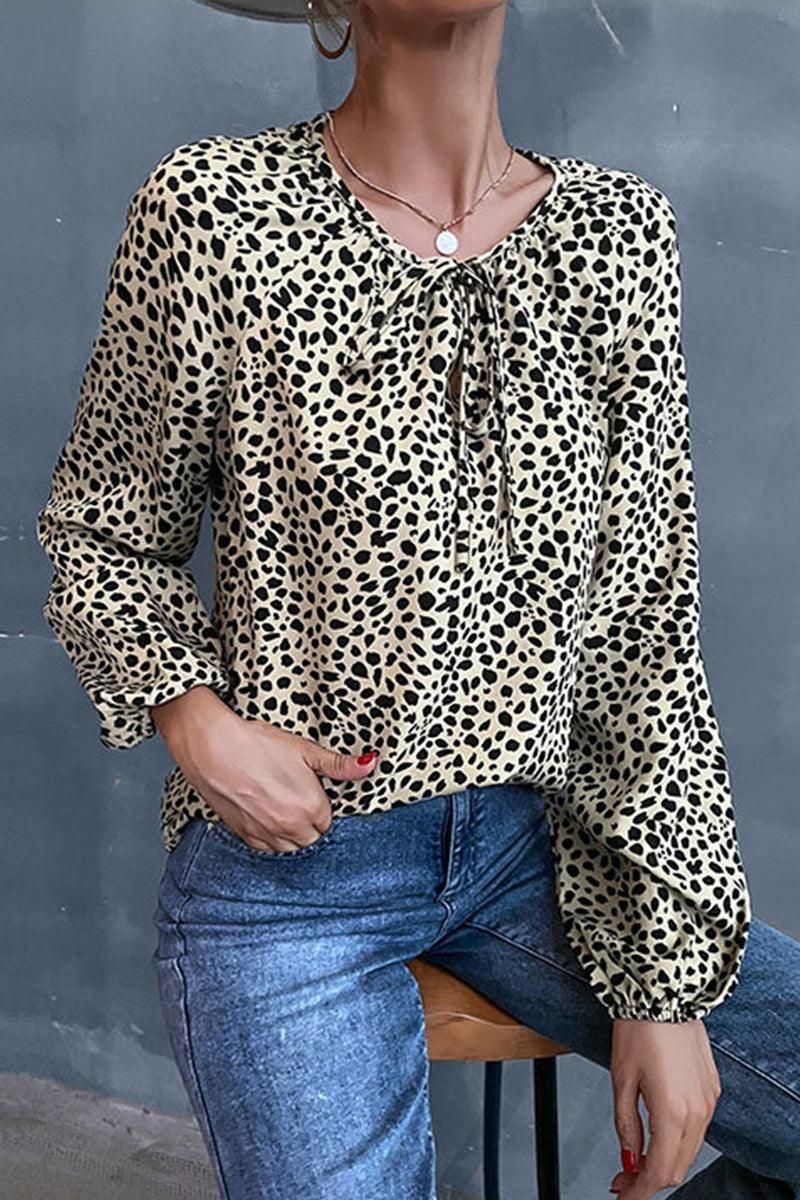 LONG SLEEVE LACED LEOPARD CASUAL TOP - Doublju