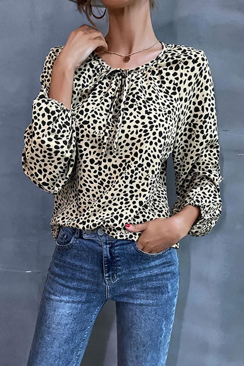 LONG SLEEVE LACED LEOPARD CASUAL TOP - Doublju