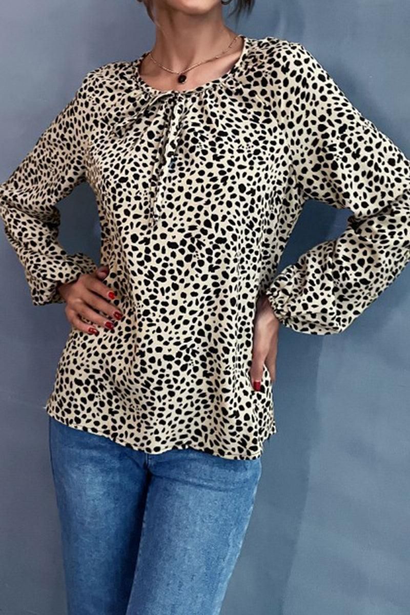 LONG SLEEVE LACED LEOPARD CASUAL TOP - Doublju