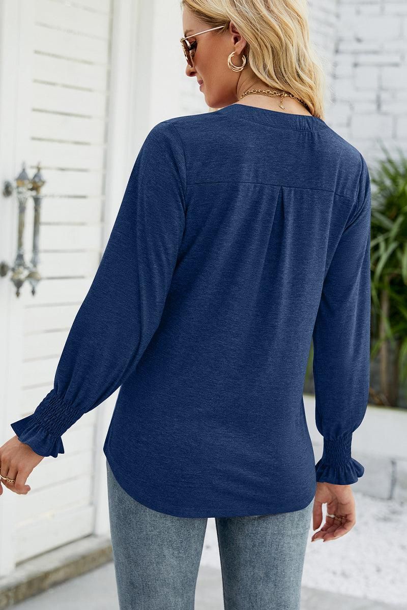 WOMEN V NECK FITTED RUFFLE SLEEVE OVERSIZED TOP - Doublju