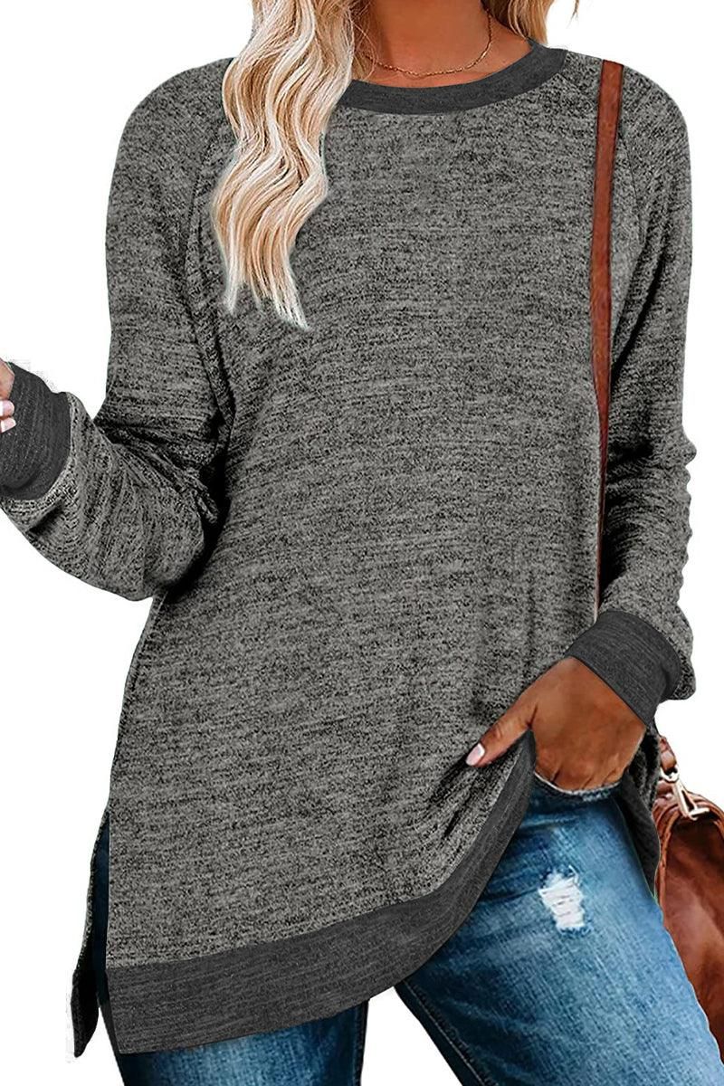 WOMEN SIDE SLIT OVERSIZED CREW NECK TEE - Doublju