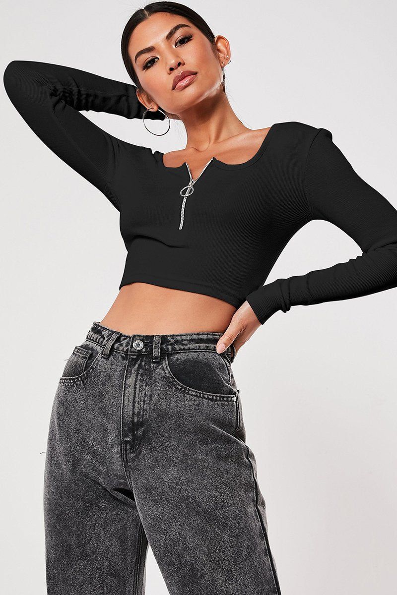 WOMEN HALF ZIP UP NECK LONG SLEEVE CROP TEE