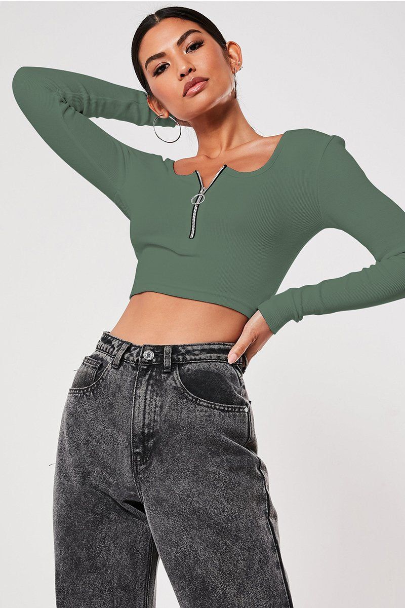 WOMEN HALF ZIP UP NECK LONG SLEEVE CROP TEE