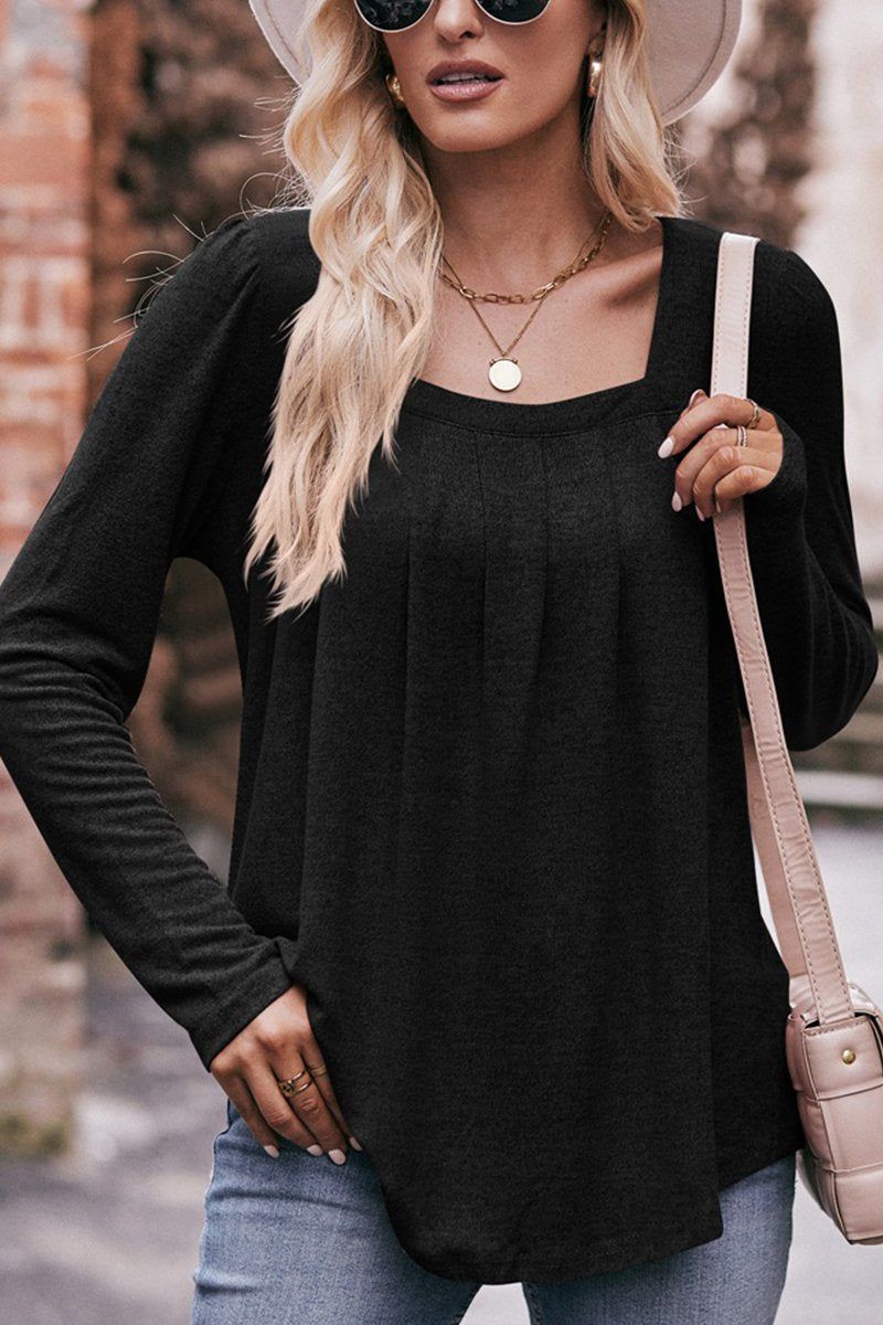 SQUARE NECK PLEATED LONG SLEEVED TOP