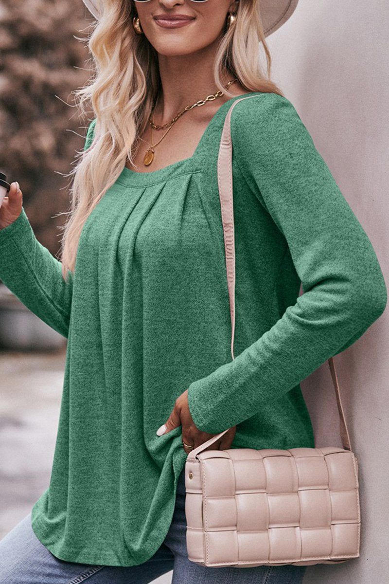 SQUARE NECK PLEATED LONG SLEEVED TOP
