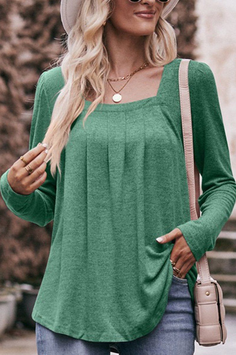 SQUARE NECK PLEATED LONG SLEEVED TOP