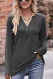 WOMEN BRUSHED BUTTONED V NECK LOOSE FIT TOP