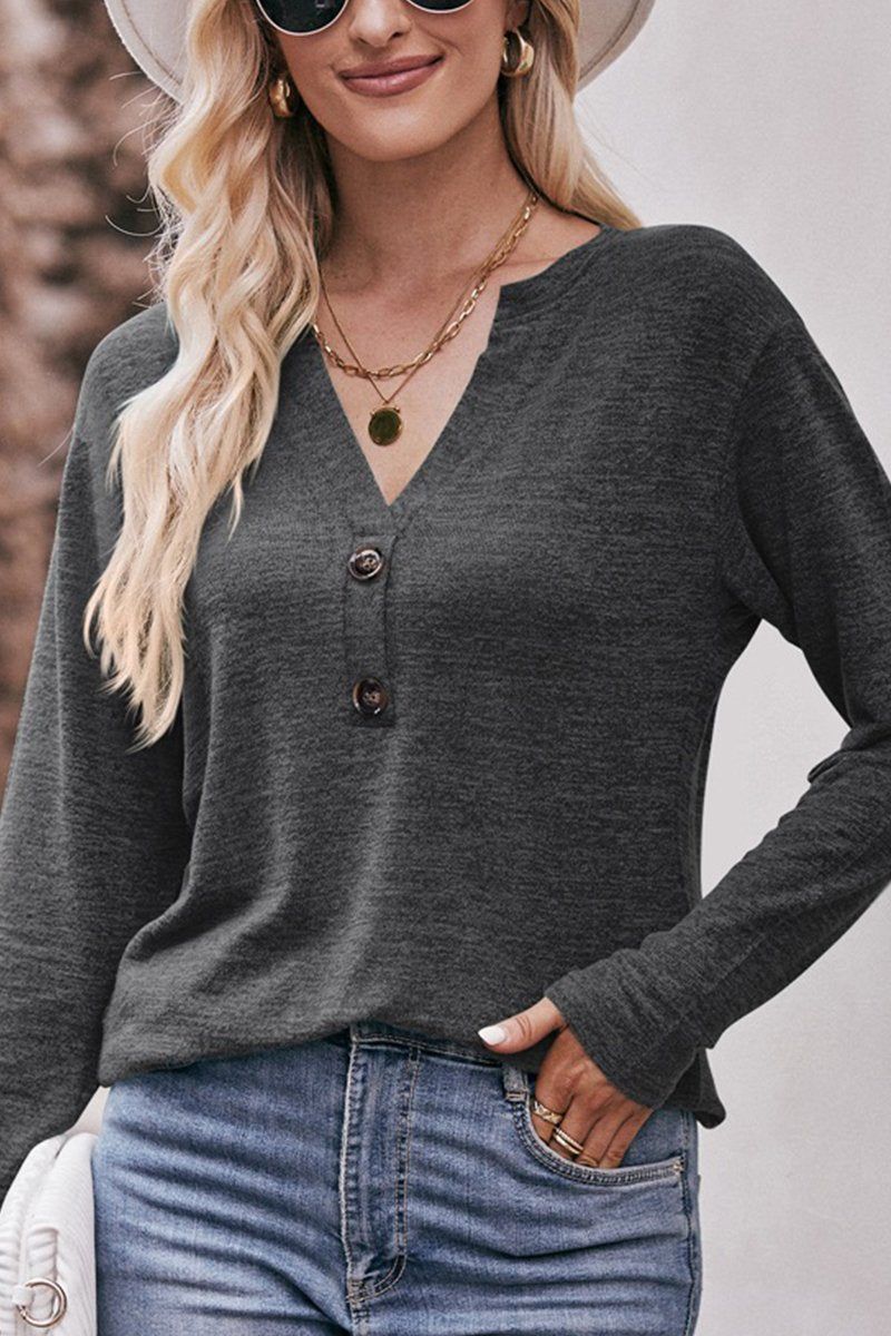 WOMEN BRUSHED BUTTONED V NECK LOOSE FIT TOP