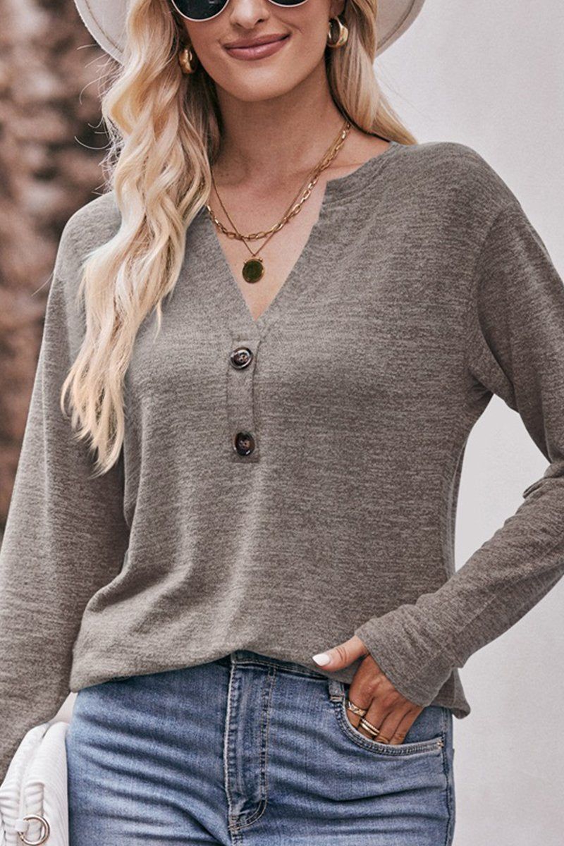 WOMEN BRUSHED BUTTONED V NECK LOOSE FIT TOP