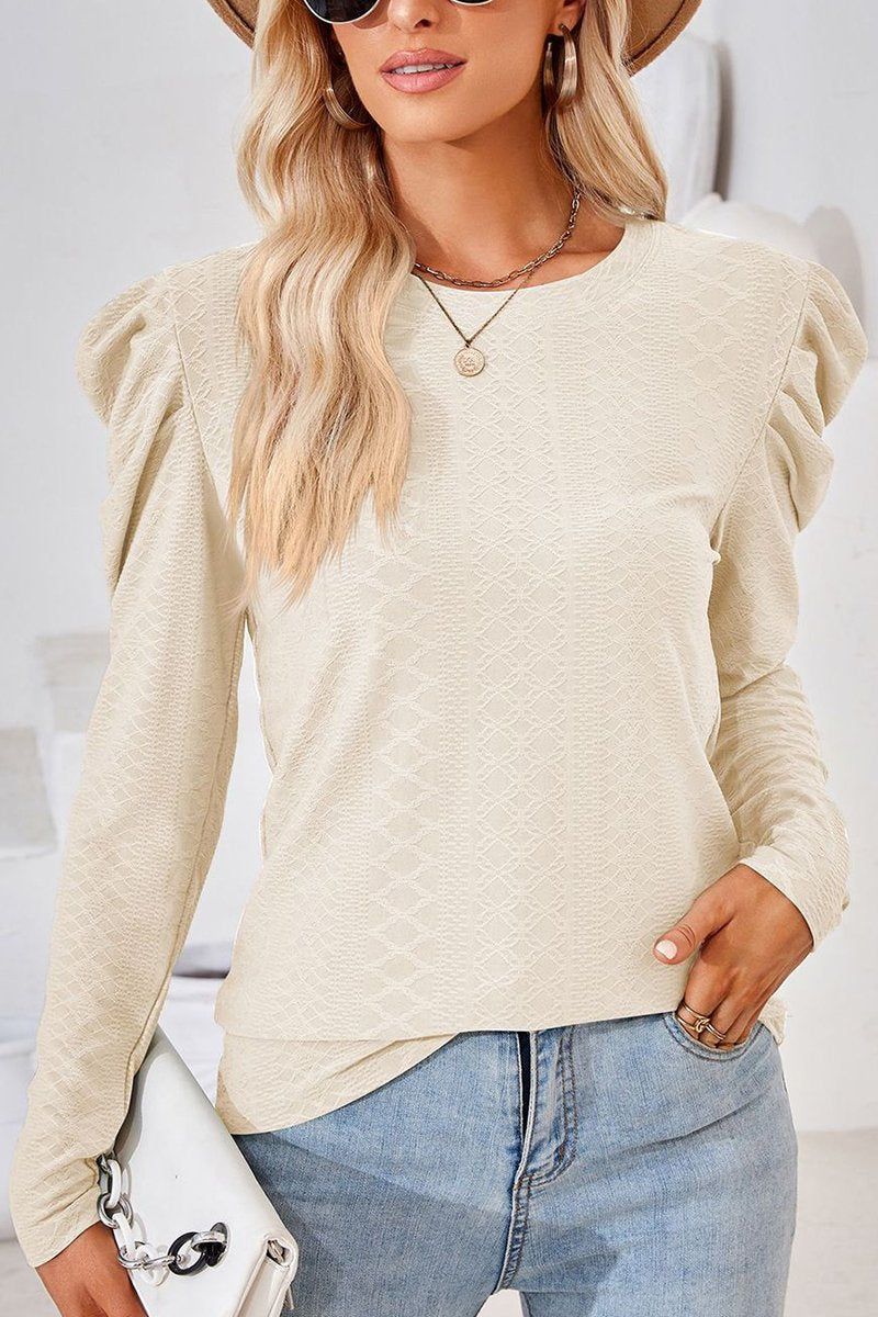 CREW NECK PUFF SLEEVE BLOUSE TEE FOR WOMEN