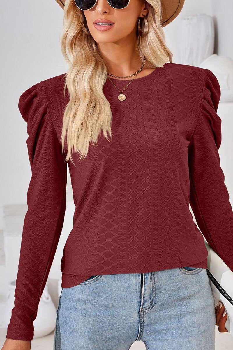 CREW NECK PUFF SLEEVE BLOUSE TEE FOR WOMEN