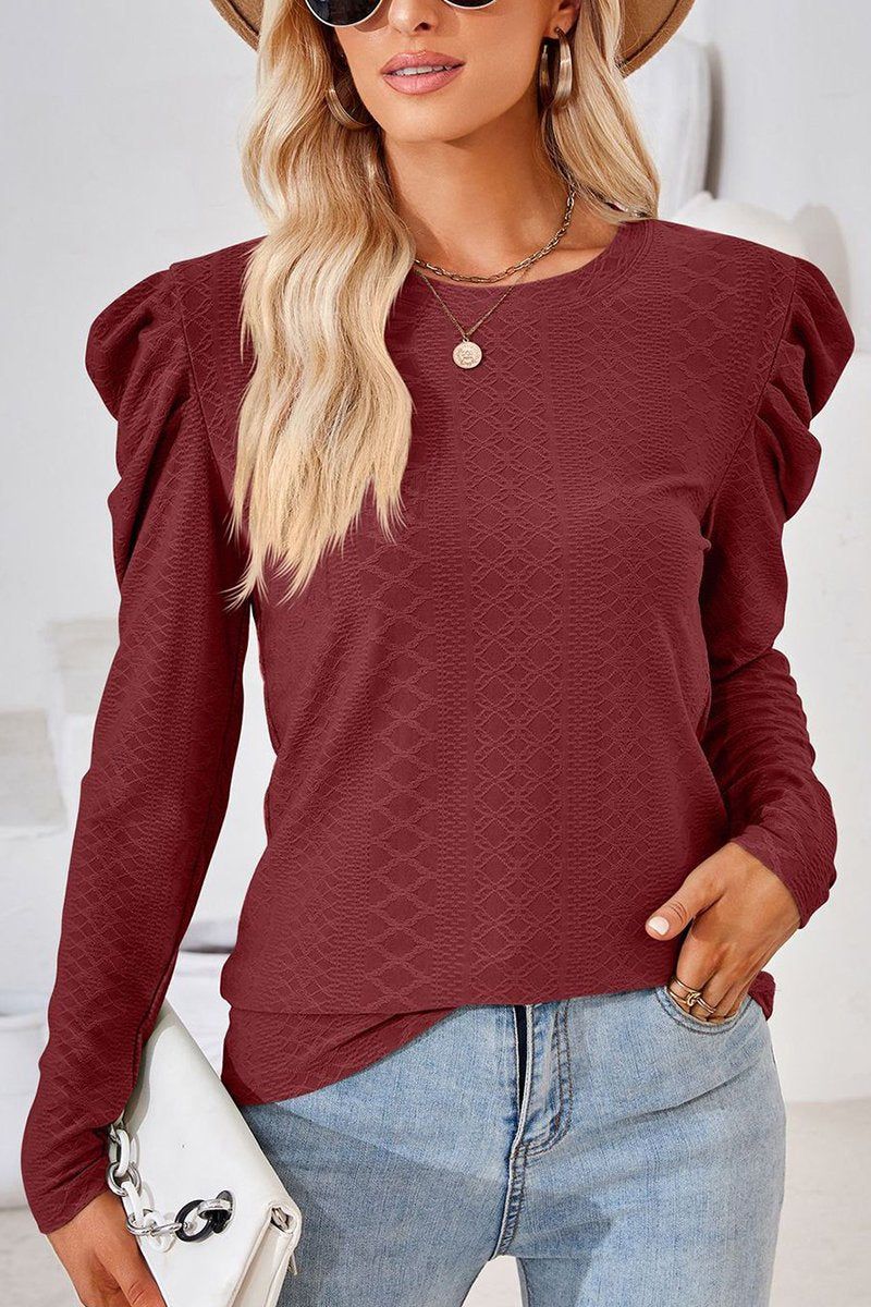 CREW NECK PUFF SLEEVE BLOUSE TEE FOR WOMEN