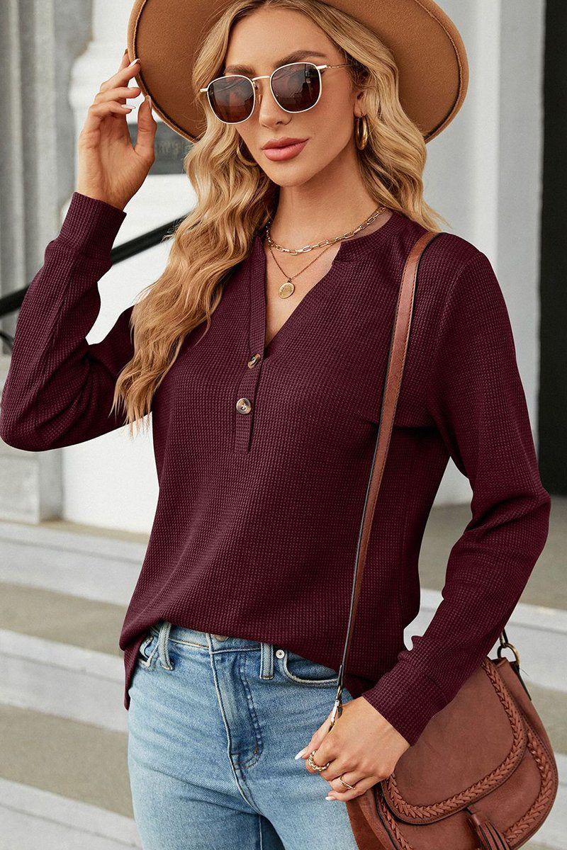 WOMEN BUTTON NECK KNITTED DAILY TOP