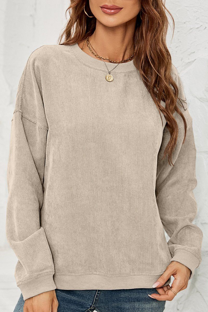 WOMEN CORDUROY ROUND NECK PULLOVER SWEATER