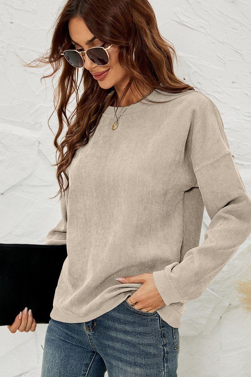 WOMEN CORDUROY ROUND NECK PULLOVER SWEATER