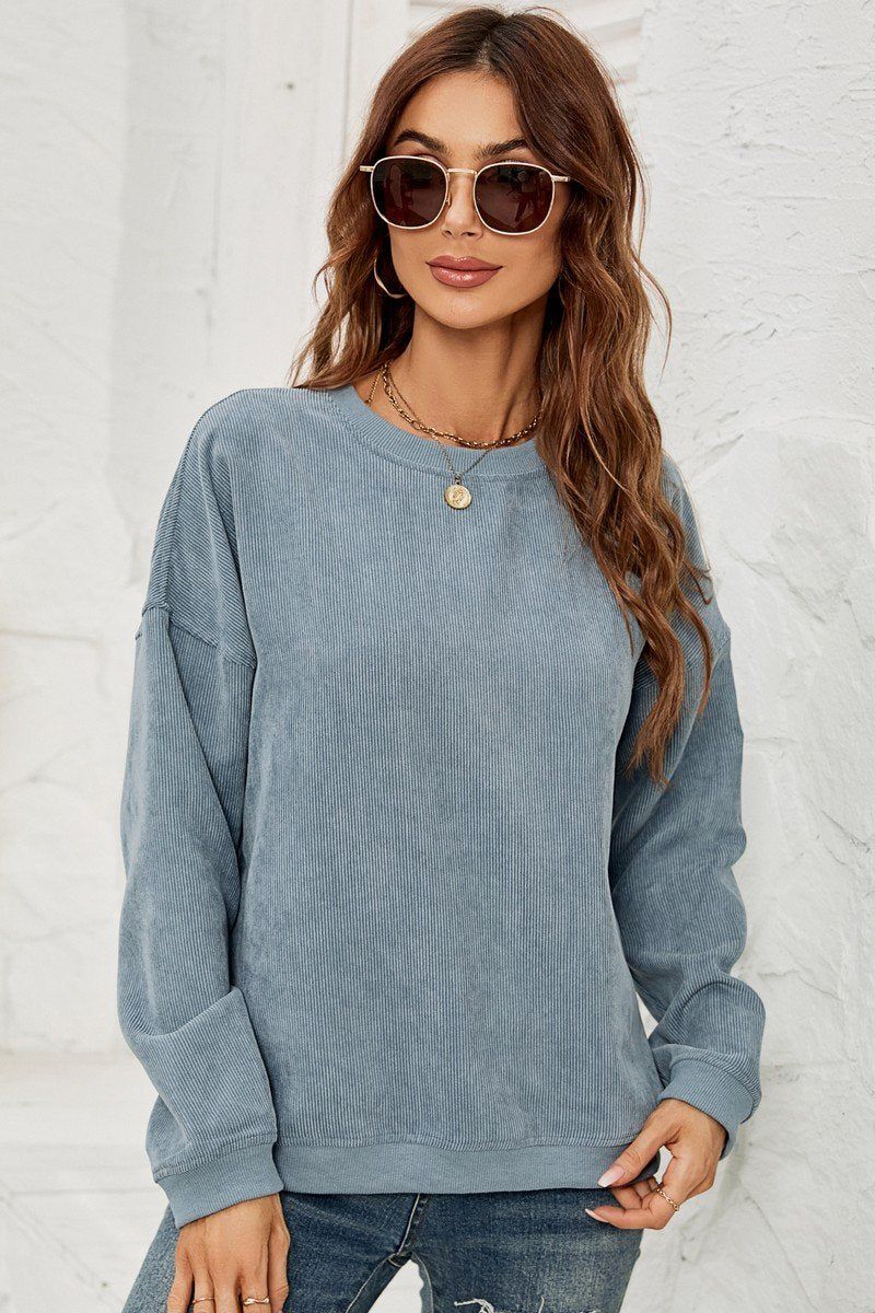 WOMEN CORDUROY ROUND NECK PULLOVER SWEATER