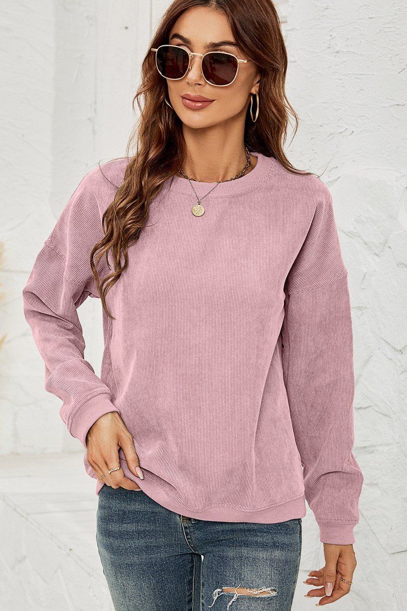 WOMEN CORDUROY ROUND NECK PULLOVER SWEATER