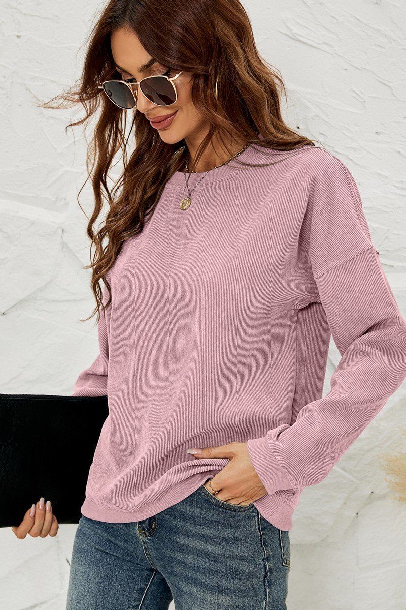 WOMEN CORDUROY ROUND NECK PULLOVER SWEATER