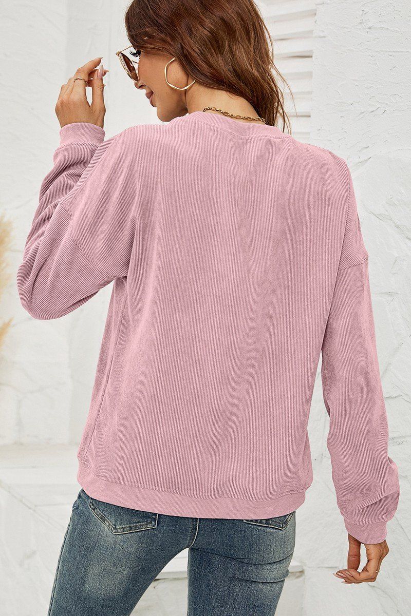 WOMEN CORDUROY ROUND NECK PULLOVER SWEATER