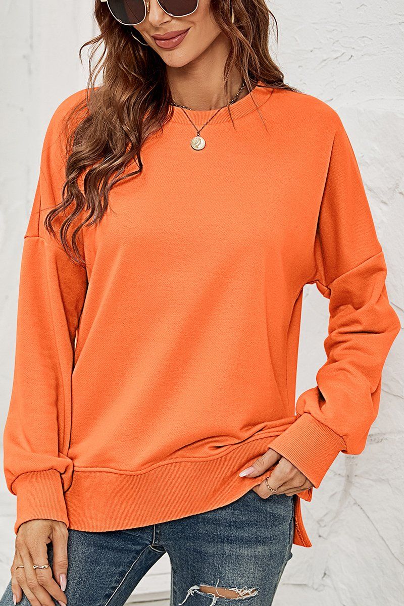 WOMEN ROUND NECK SIDE SPLIT PULLOVER TOP