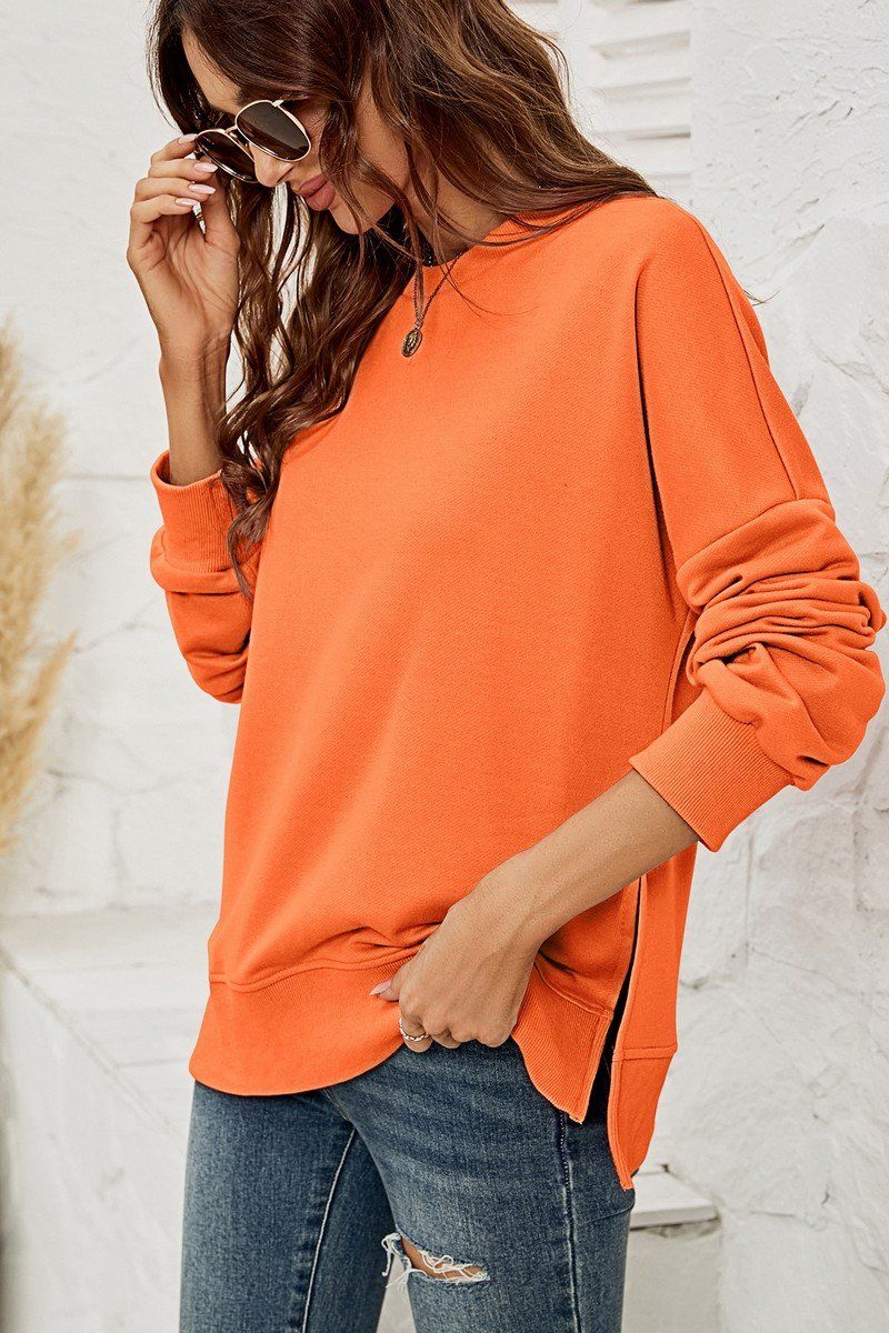 WOMEN ROUND NECK SIDE SPLIT PULLOVER TOP