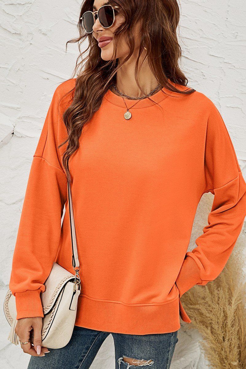 WOMEN ROUND NECK SIDE SPLIT PULLOVER TOP