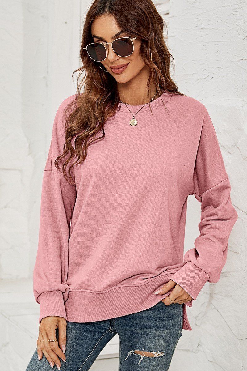 WOMEN ROUND NECK SIDE SPLIT PULLOVER TOP