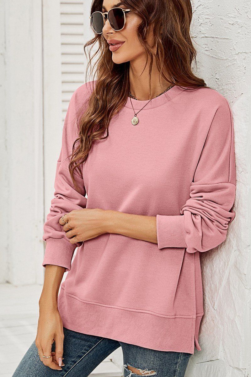 WOMEN ROUND NECK SIDE SPLIT PULLOVER TOP