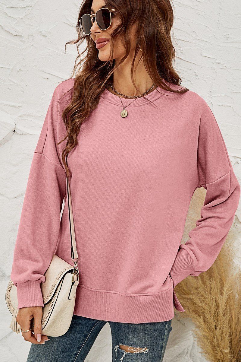 WOMEN ROUND NECK SIDE SPLIT PULLOVER TOP