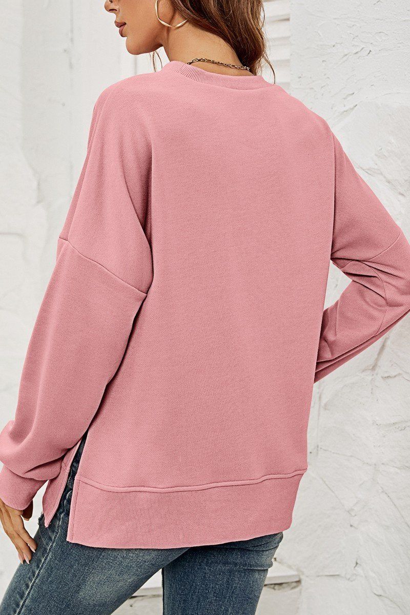 WOMEN ROUND NECK SIDE SPLIT PULLOVER TOP