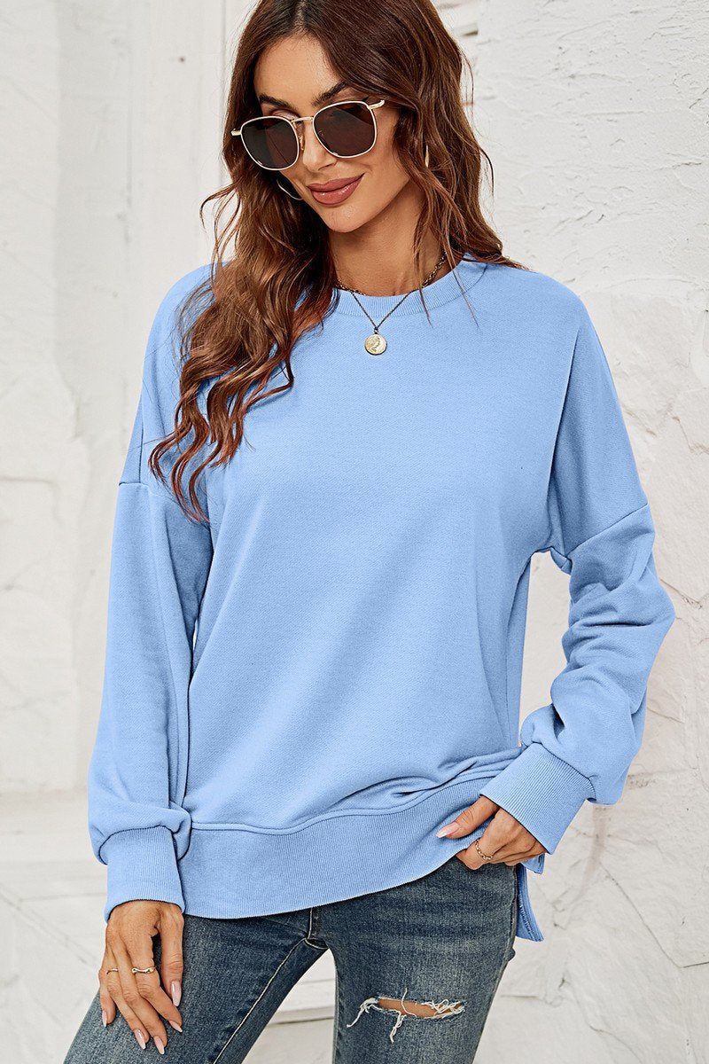 WOMEN ROUND NECK SIDE SPLIT PULLOVER TOP