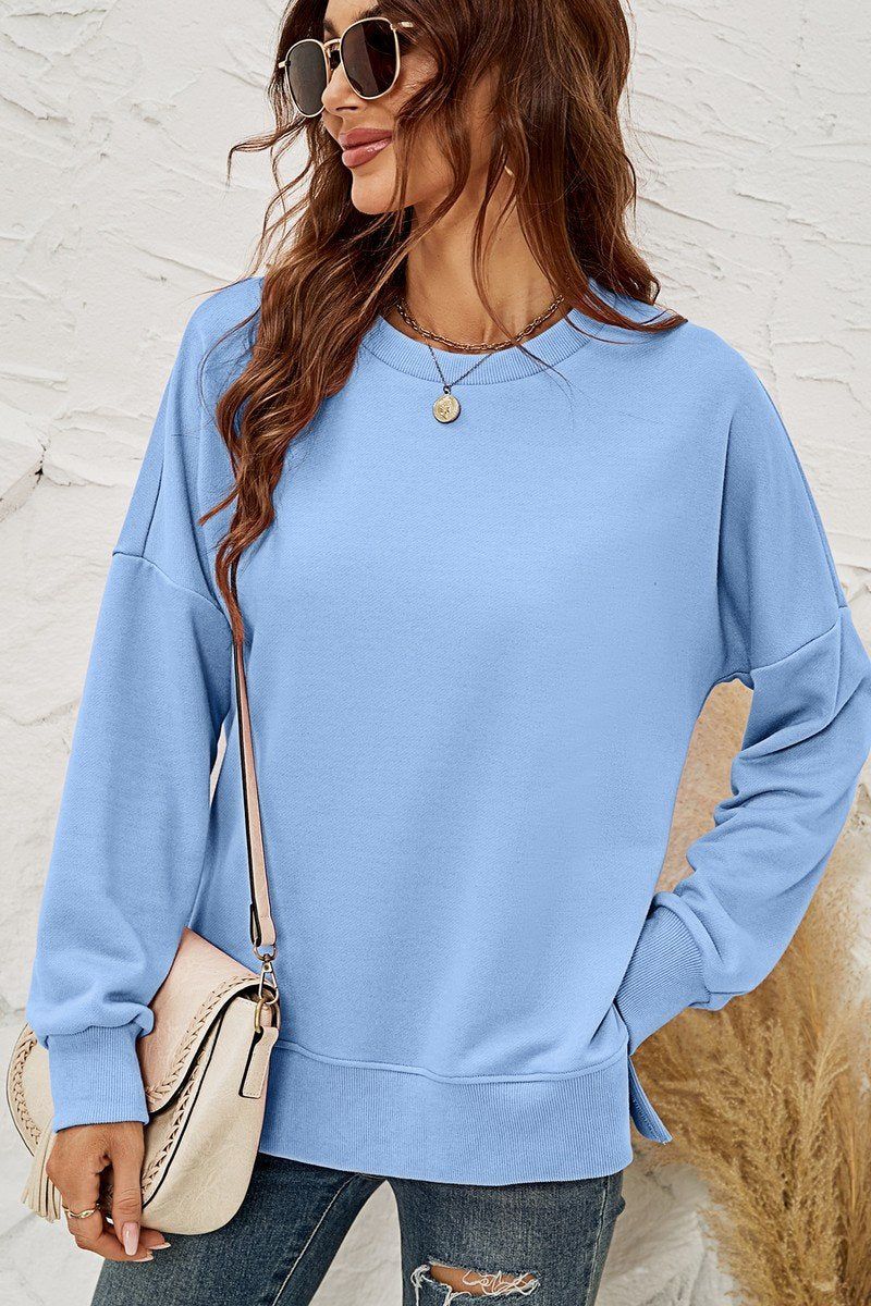 WOMEN ROUND NECK SIDE SPLIT PULLOVER TOP