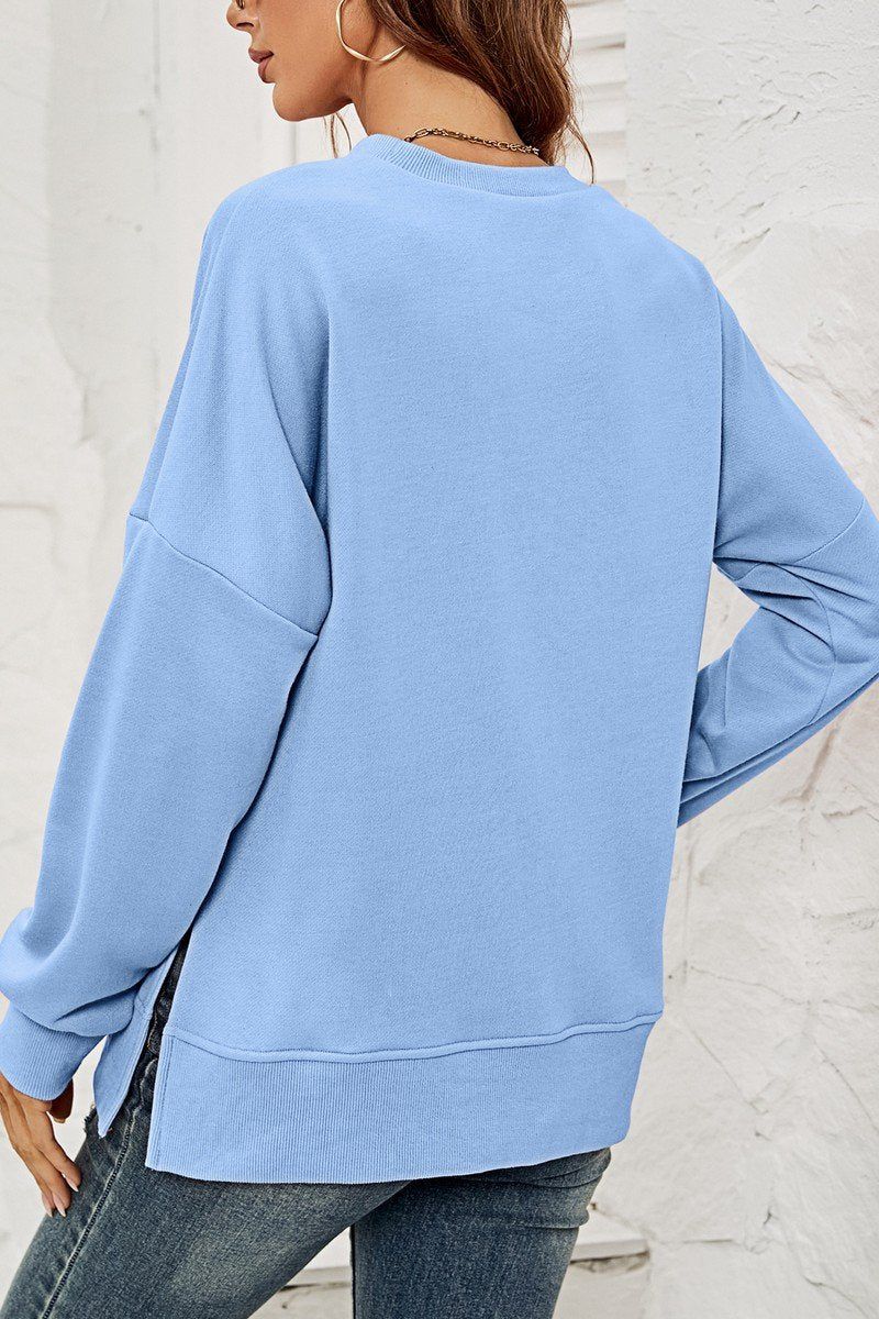 WOMEN ROUND NECK SIDE SPLIT PULLOVER TOP