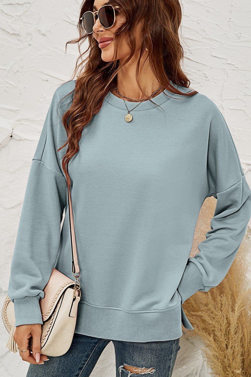 WOMEN ROUND NECK SIDE SPLIT PULLOVER TOP