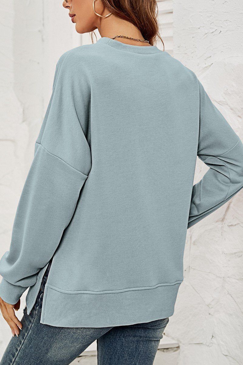 WOMEN ROUND NECK SIDE SPLIT PULLOVER TOP