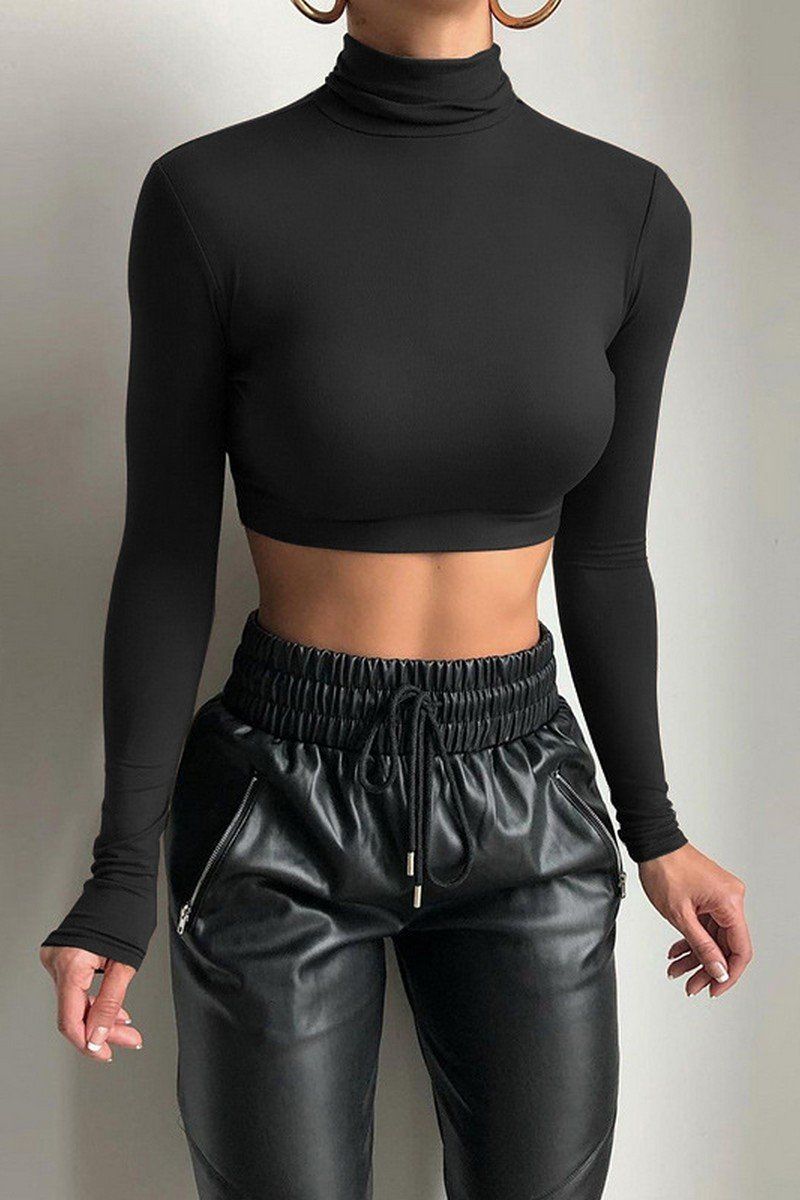 WOMEN HIGH NECK LONG SLEEVE FITTED SEXY CROP TOP