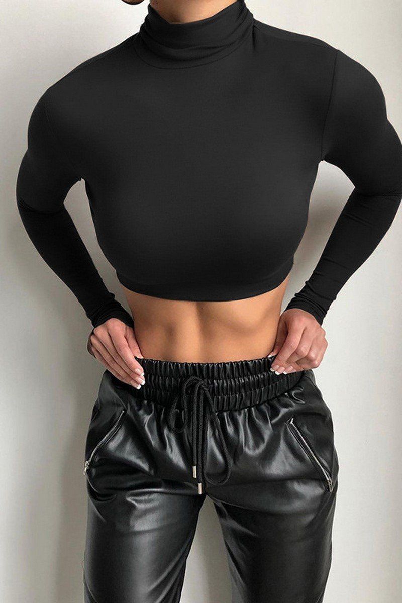 WOMEN HIGH NECK LONG SLEEVE FITTED SEXY CROP TOP