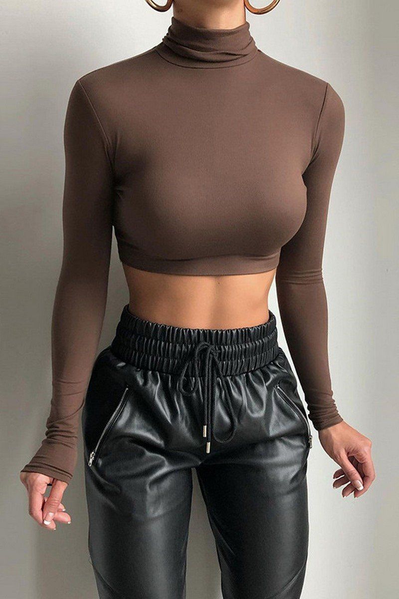 WOMEN HIGH NECK LONG SLEEVE FITTED SEXY CROP TOP