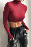 WOMEN HIGH NECK LONG SLEEVE FITTED SEXY CROP TOP