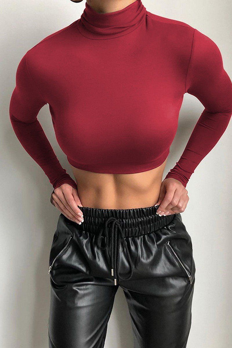 WOMEN HIGH NECK LONG SLEEVE FITTED SEXY CROP TOP