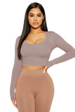 WOMEN SEXY U NECK LONG SLEEVE CROP TIGHT TOP