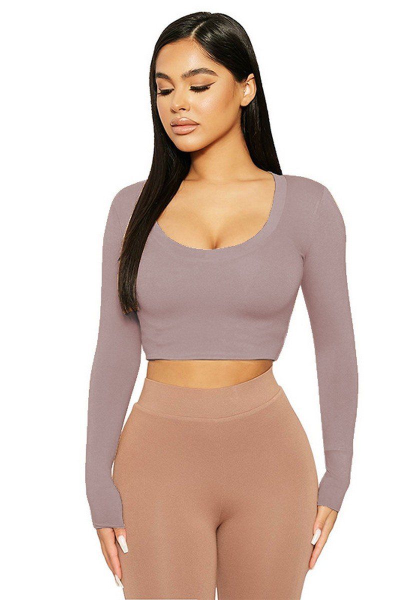 WOMEN SEXY U NECK LONG SLEEVE CROP TIGHT TOP