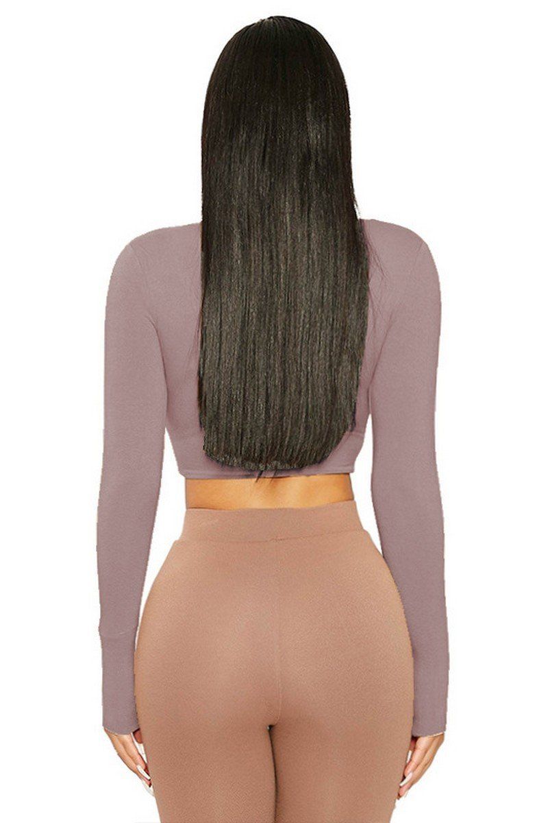 WOMEN SEXY U NECK LONG SLEEVE CROP TIGHT TOP