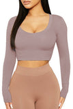 WOMEN SEXY U NECK LONG SLEEVE CROP TIGHT TOP