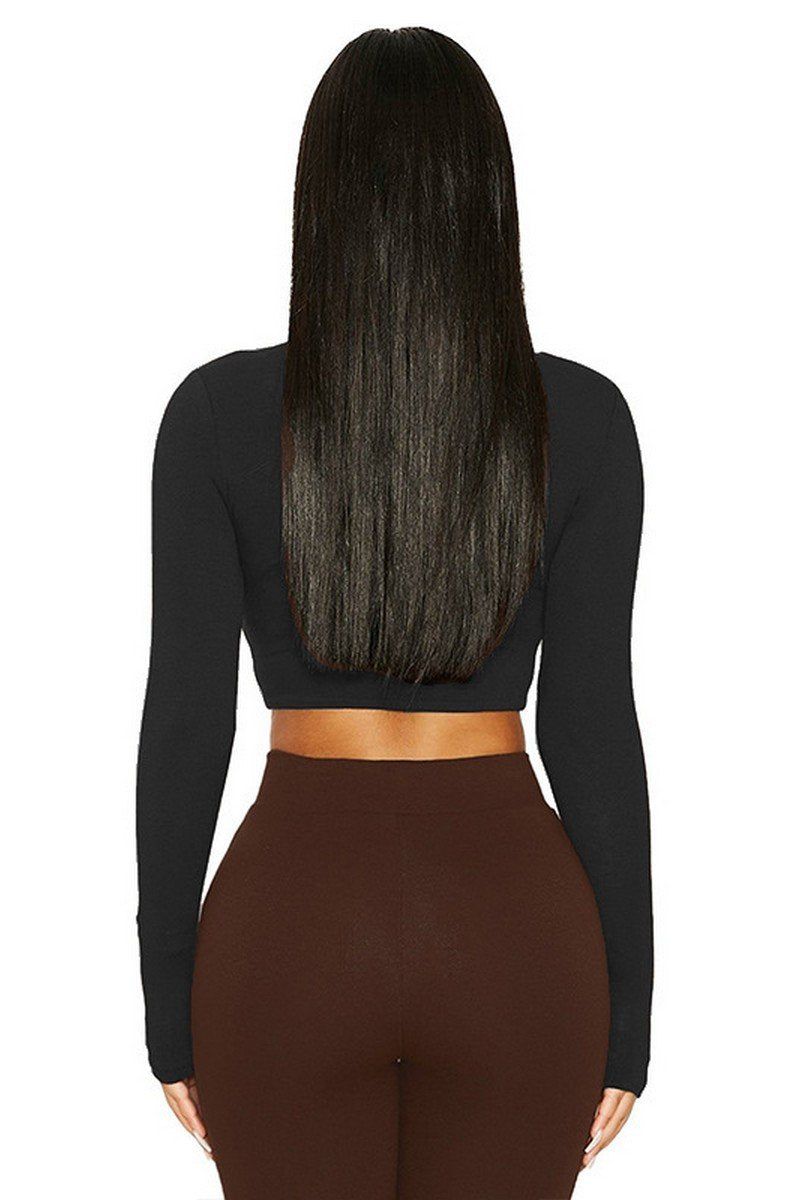 WOMEN SEXY U NECK LONG SLEEVE CROP TIGHT TOP