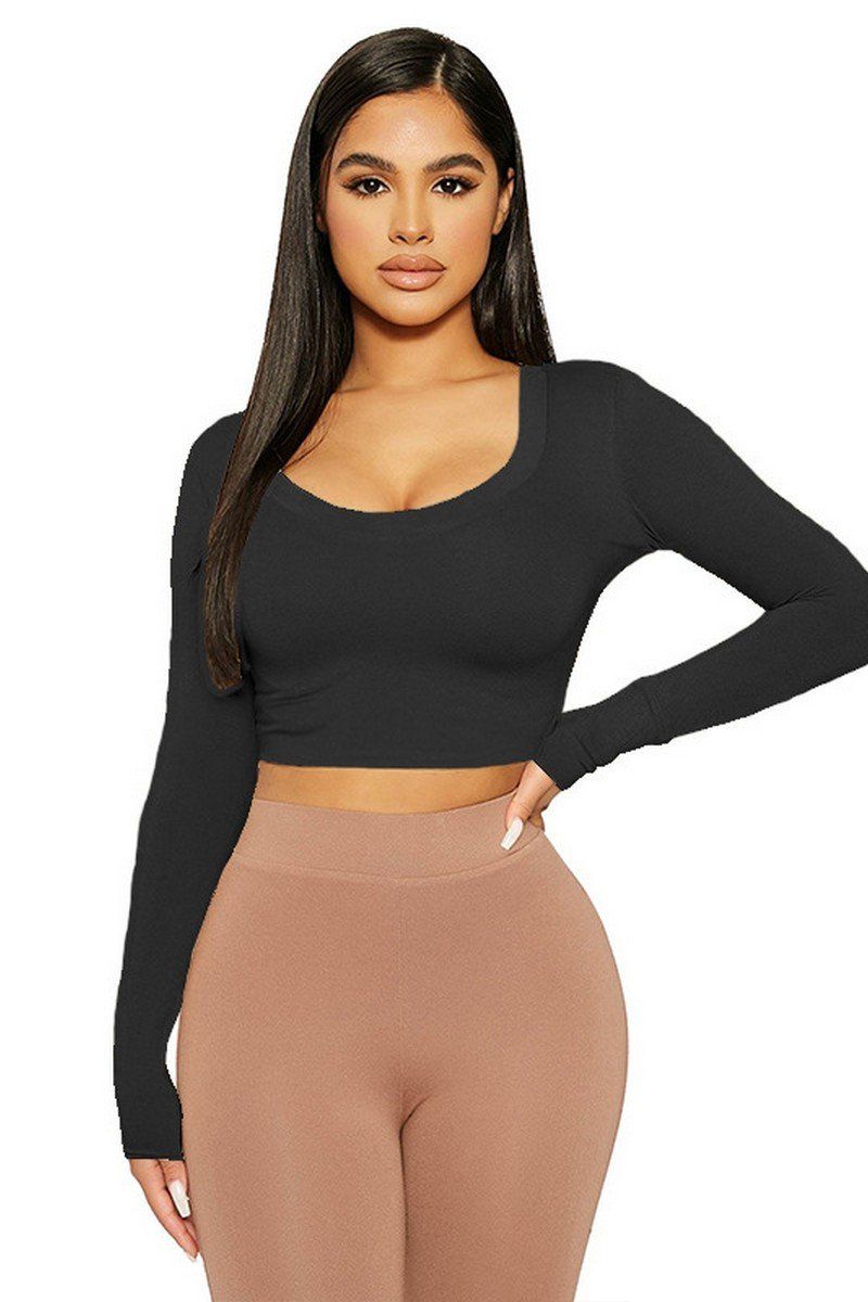 WOMEN SEXY U NECK LONG SLEEVE CROP TIGHT TOP