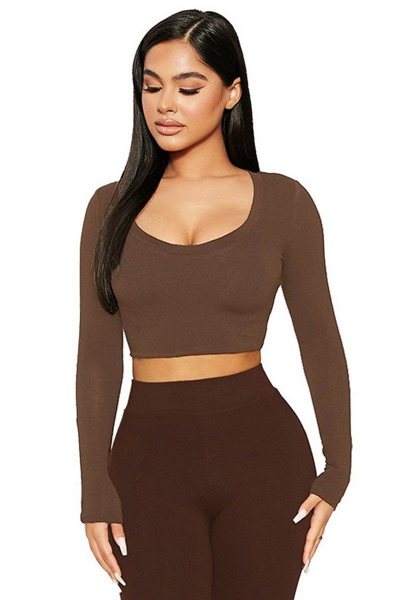 WOMEN SEXY U NECK LONG SLEEVE CROP TIGHT TOP