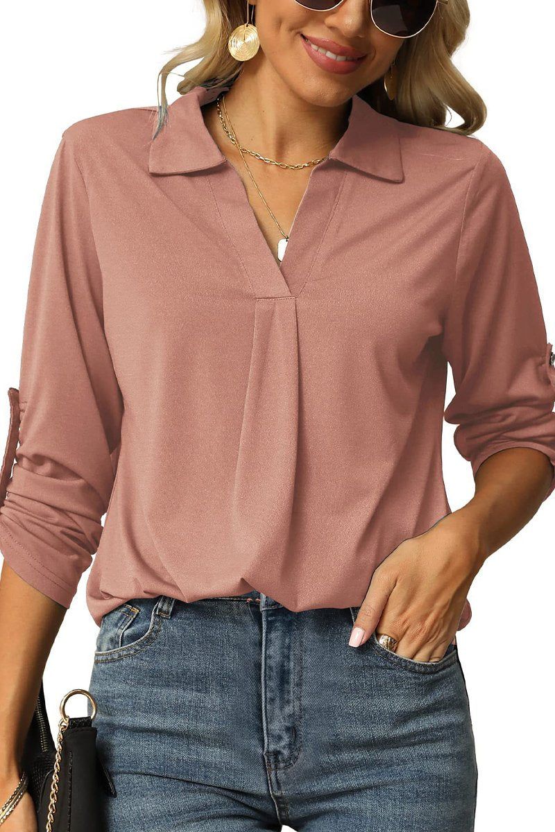 WOMEN COLLARED V NECK BASIC BLOUSE TOP