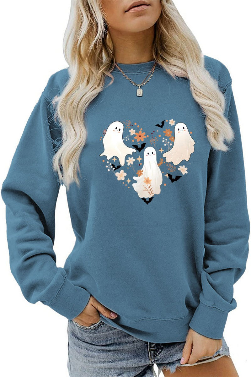 GHOST FUN PRINTED LONG SLEEVE CASUAL TOP FOR WOMEN