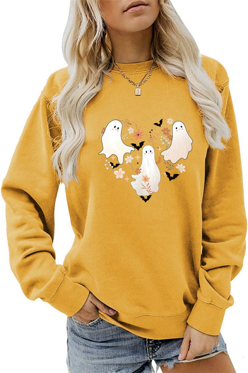 GHOST FUN PRINTED LONG SLEEVE CASUAL TOP FOR WOMEN